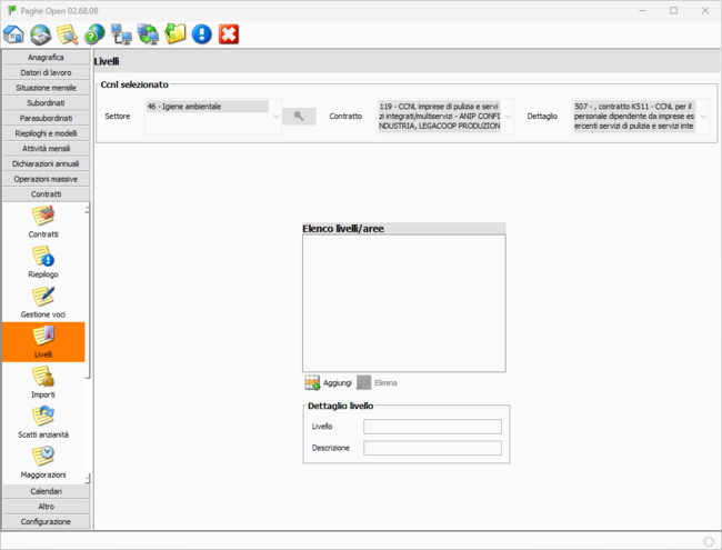 Inserimento livelli contrattuali